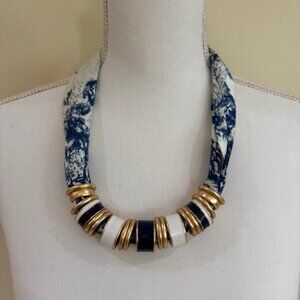 Adjustable Navy and White Scarf Necklace with Gold Rings
